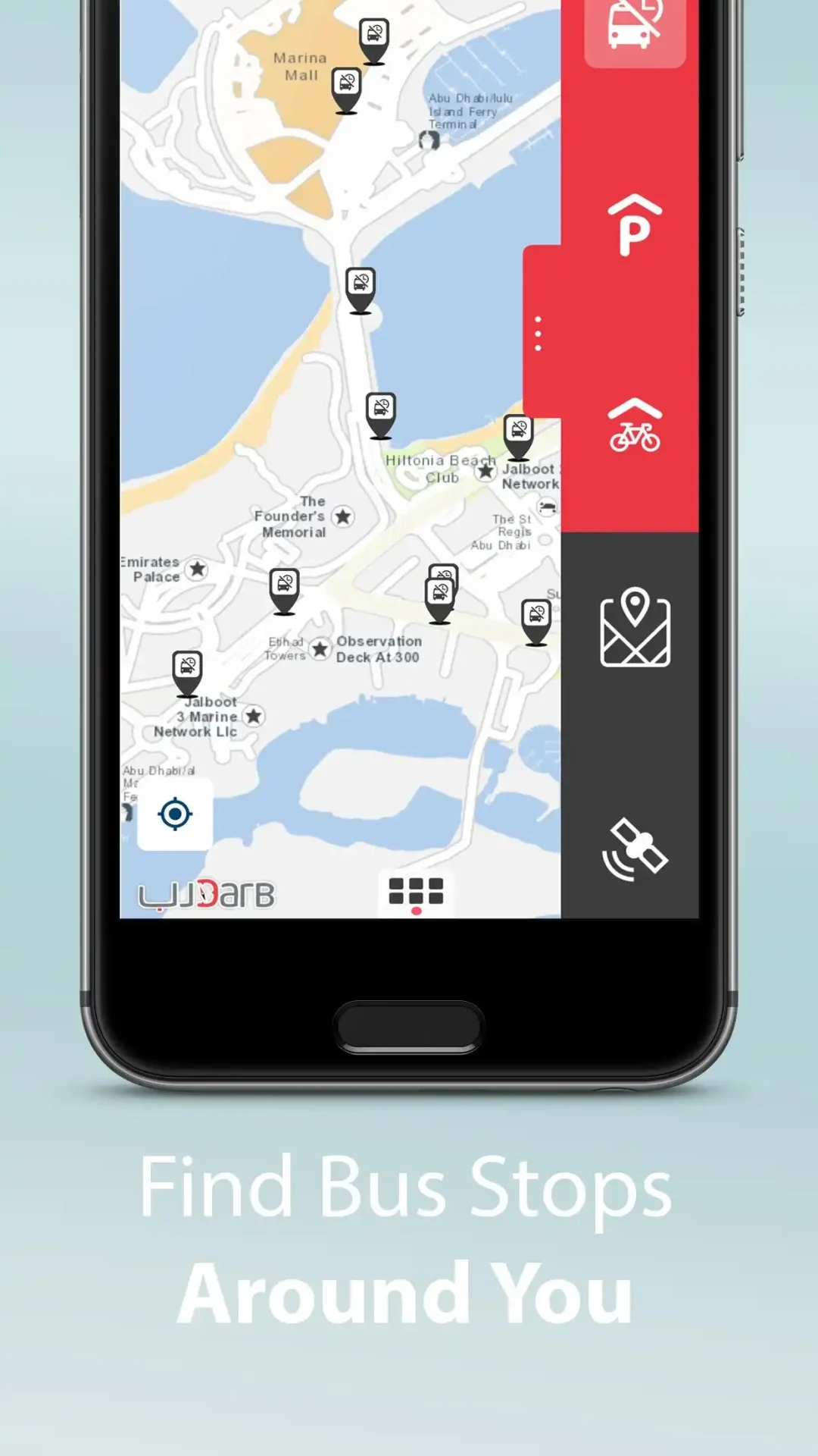 Darb app screen showing live Abu Dhabi bus arrivals