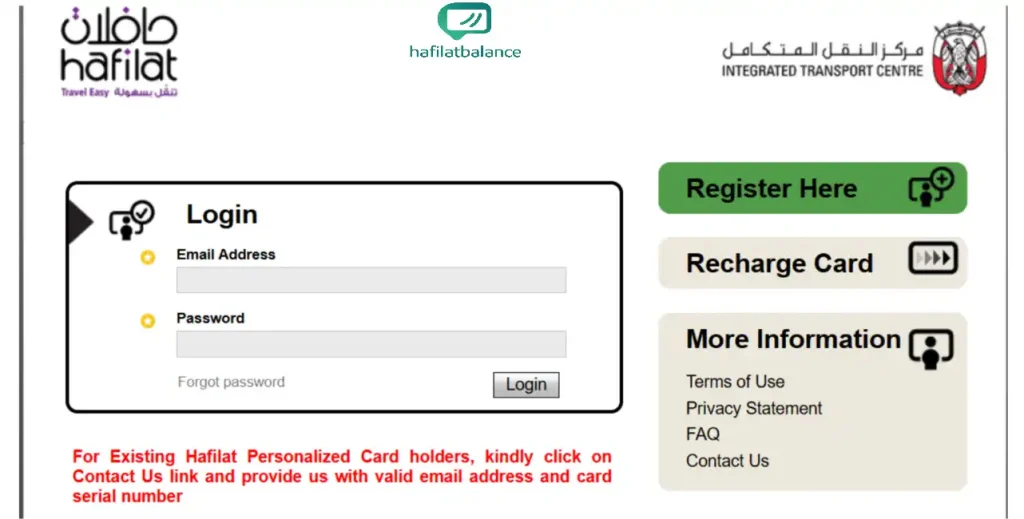 The hafilat.darb.ae homepage showing the official ITC online services interface