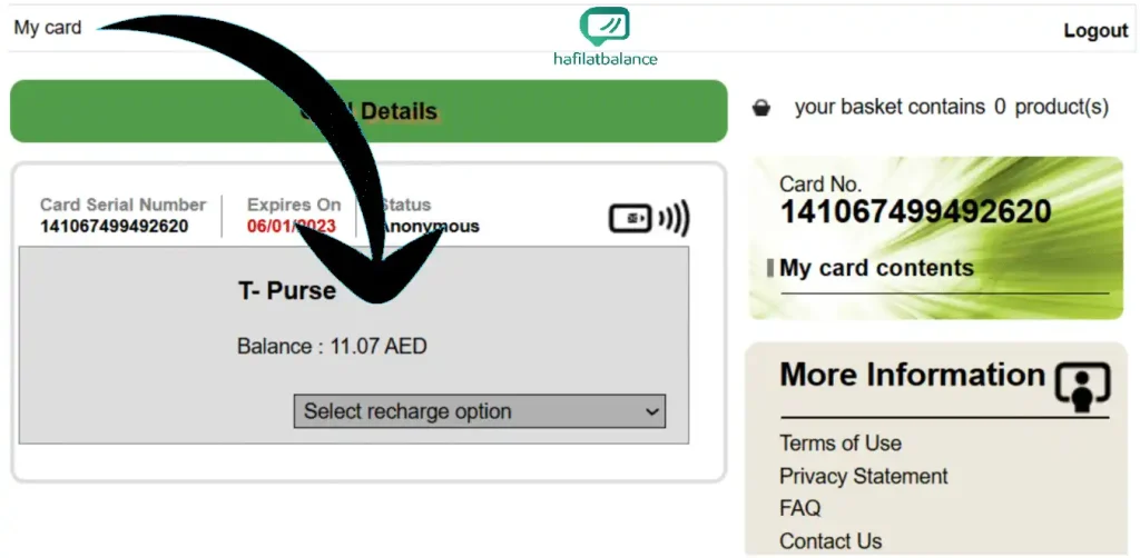 Hafilat card balance displayed on the ITC online portal