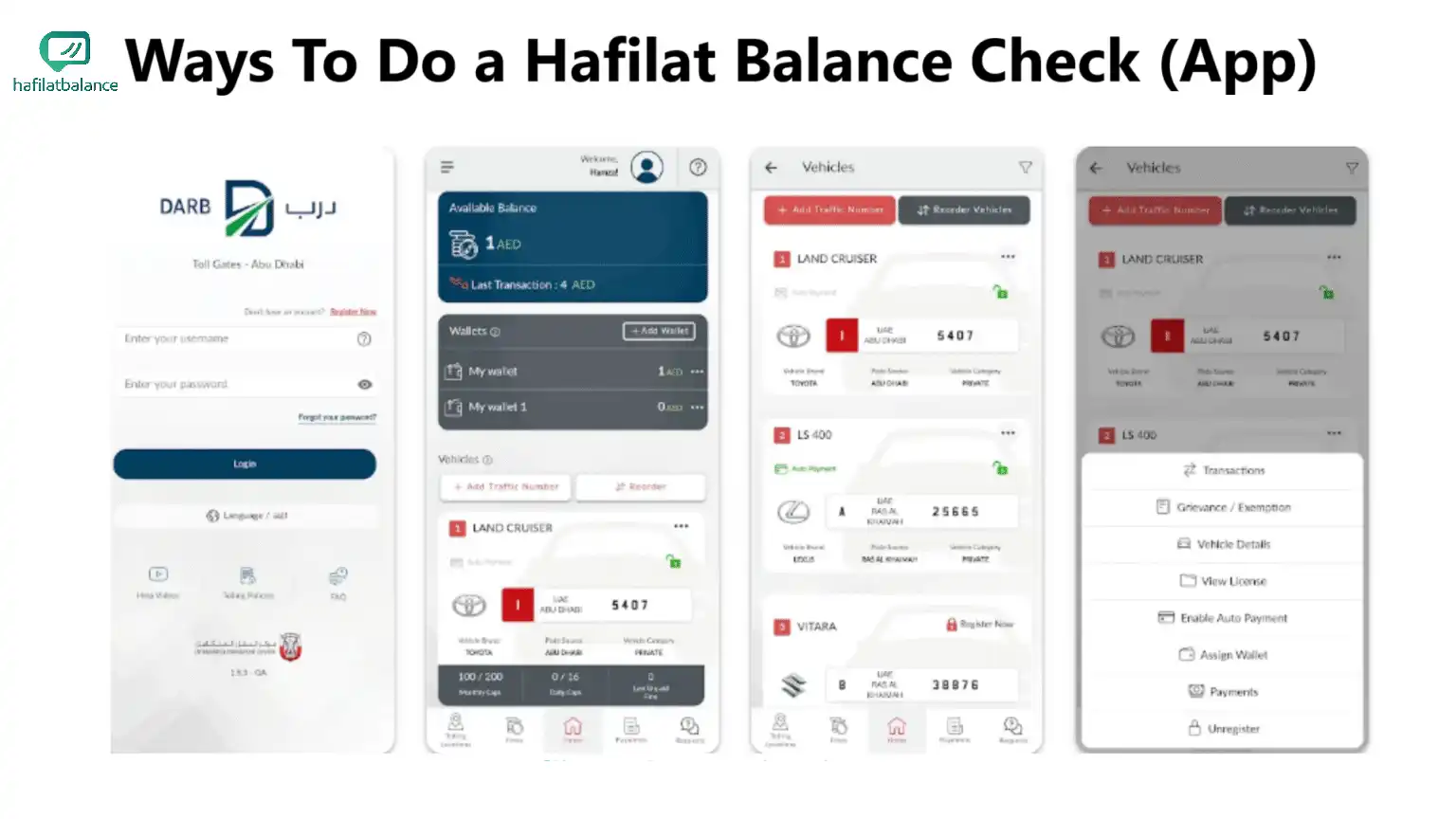 Step-by-step Hafilat balance check in the Darb app showing My Cards screen with AED balance